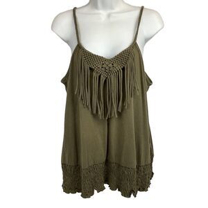 Cato Women Plus 14/16W Green Macrame Fringe Tassel Ruched Tank Top Boho Hippie
